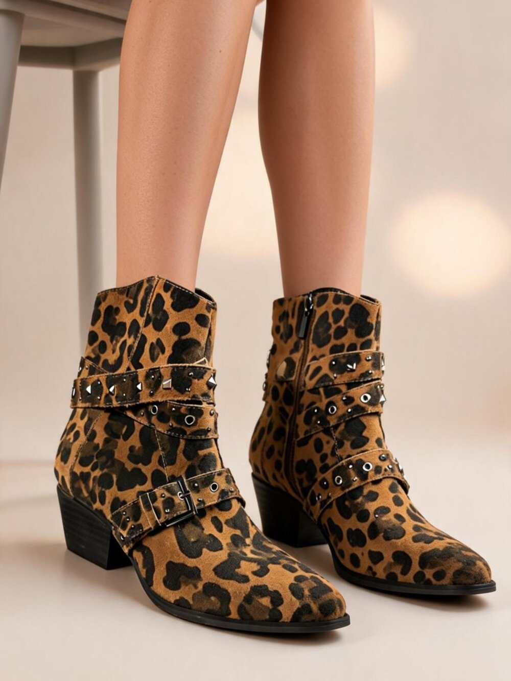 Kenneth Cole Cheyenne Stud Real Leather Leopard-Print Ankle Boots 7.5M